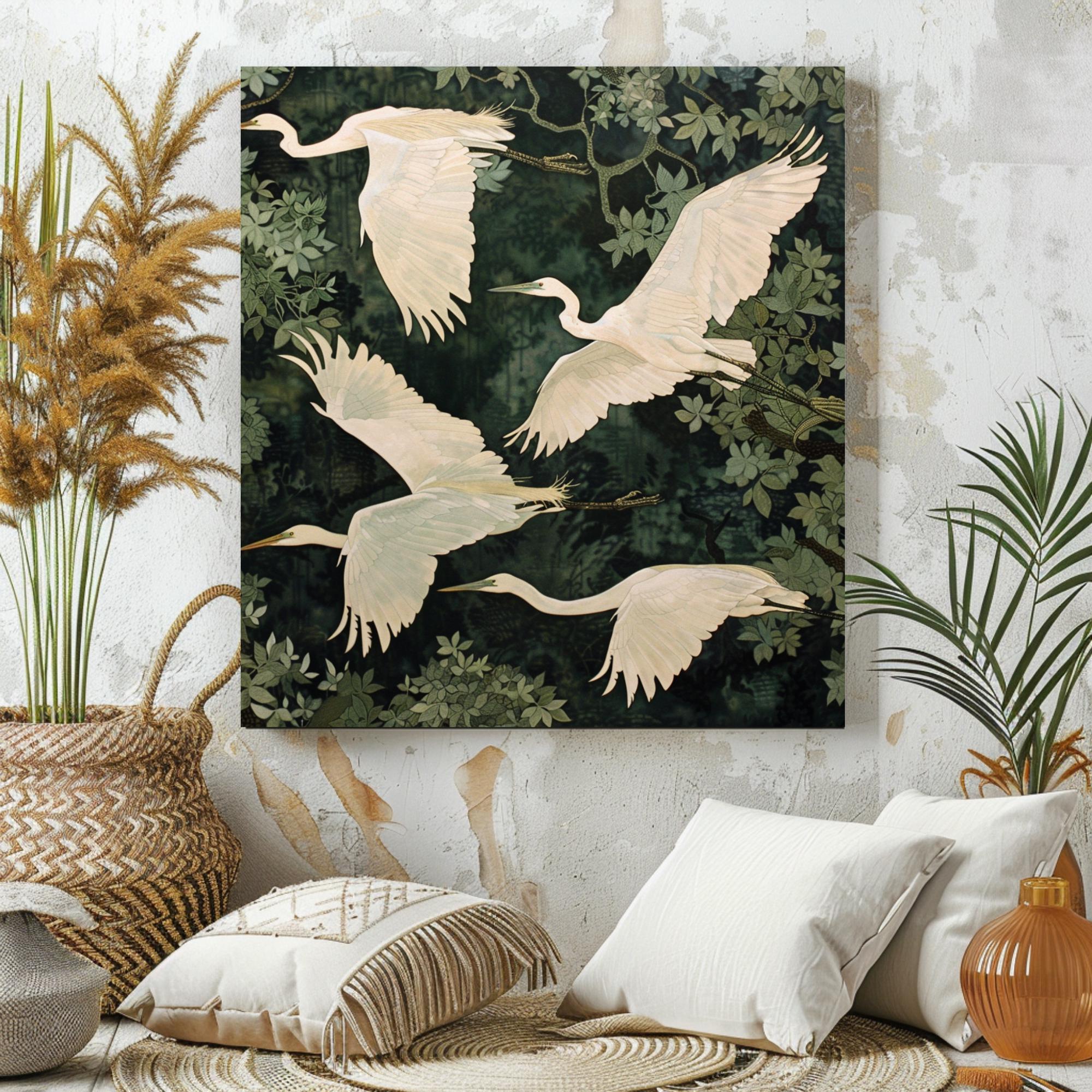 Egrets in Flight Moody Canvas Wall Art, William Morris Inspired