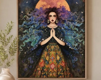 Moon Goddess Portrait, Celestial Woman Wall Art, Mystical Boho Decor, Spiritual Feminine Artwork, Colorful Bedroom Statement Print