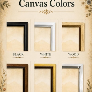 a collection of six different framed canvas colors, each with a distinct finish: black, white, wood, dark wood, gold, and silver.