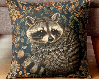 Raccoon Pillow, Woodland Botanical Cushion, William Morris Inspired Throw Pillow, Forest Nature Couch Accent, Vintage Raccoon Pillowcase