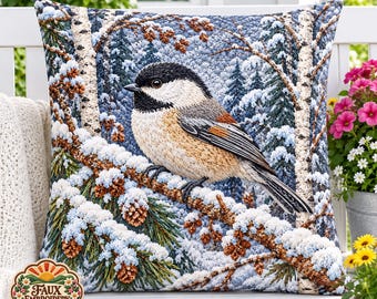 Chickadee Throw Pillow, Snowy Woodland Bird Decor, Faux Embroidery Accent Pillow, Winter Forest Home Decor, Rustic Cabin Nature Gift