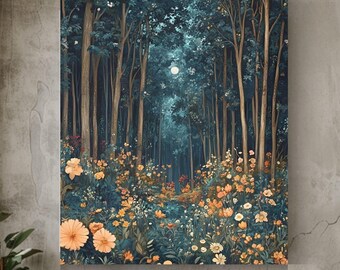 May include: A rectangular wall art print depicting a dense forest at night with tall, slender trees and a bright full moon visible through the canopy. The foreground is filled with numerous orange and yellow flowers against dark teal foliage.