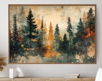 Autumn Pine Forest Wooden Framed Canvas, Warm Earth Tone Landscape Wall Art, Abstract Woodland Scene Print, Cozy Rustic Nature Decor