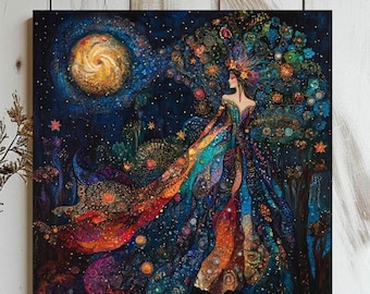 Obraz na płótnie z boginią gwiazd, dekoracja z niebiańską boginią, mistyczna ozdoba ścienna, akcent w stylu gwieździstej nocy, sztuka estetyczna boho astralna