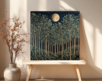 Wandbild im Mondlichtwald | Nachthimmel Gemälde Druck | Marineblau Gold Mond Baum Dekor | Mystische Naturkunst |
