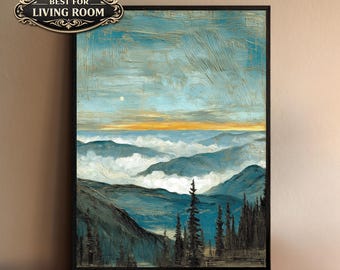 Mountain Landscape Wall Art, Misty Mountains Print, Blue Nature Framed Canvas, Scenic Wilderness Decor, Rustic Artwork for Living Room