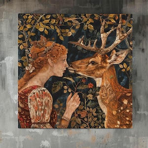 Tela de veado inspirada em William Morris vintage, decoração rústica de outono, arte de parede em tela de floresta de outono, arte botânica vintage, impressão em tela de veado