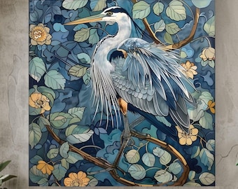 Decoración costera para el hogar: arte mural vintage de garza azul, lienzo artístico de naturaleza, ilustración vintage de garza al estilo de William Morris, decoración costera.