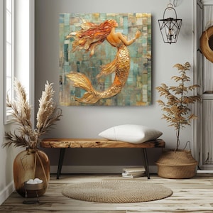 Mosaic Look Gold Mermaid Wall Art, Ocean Fantasy Decor, Elegant Mermaid Print, Coastal Beach Mermaid Wall Art Print image 8