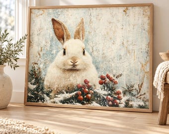 Snowy Rabbit Wall Art, White Bunny Canvas Print, Vintage Winter Woodland Artwork, Rustic Cabin Holiday Decor, Nature Lover Housewarming Gift