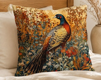 Pheasant Garden Throw Pillow, Autumn Bird Patio Cushion, Botanical Wildlife Pillowcase, Rustic Meadow Decor, Nature Lover Gift