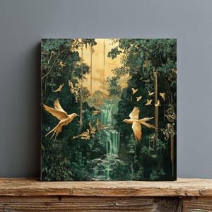 Arte mural de pájaros dorados, elegante póster de pájaro dorado, decoración natural de inspiración vintage, lienzo de aves botánicas, arte mural natural enmarcado