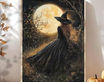 Full Moon Witch Wall Art, Wooden Framed Canvas, Gothic Moonlit Print, Halloween Sorceress Home Decor, Dark Fantasy Witch Accent