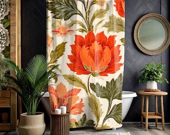 Bold Floral Shower Curtain, Red Orange Vintage Bloom Bathroom, Botanical Foliage 71x74, Autumn Inspired Retro Flower Print, Petal Textile