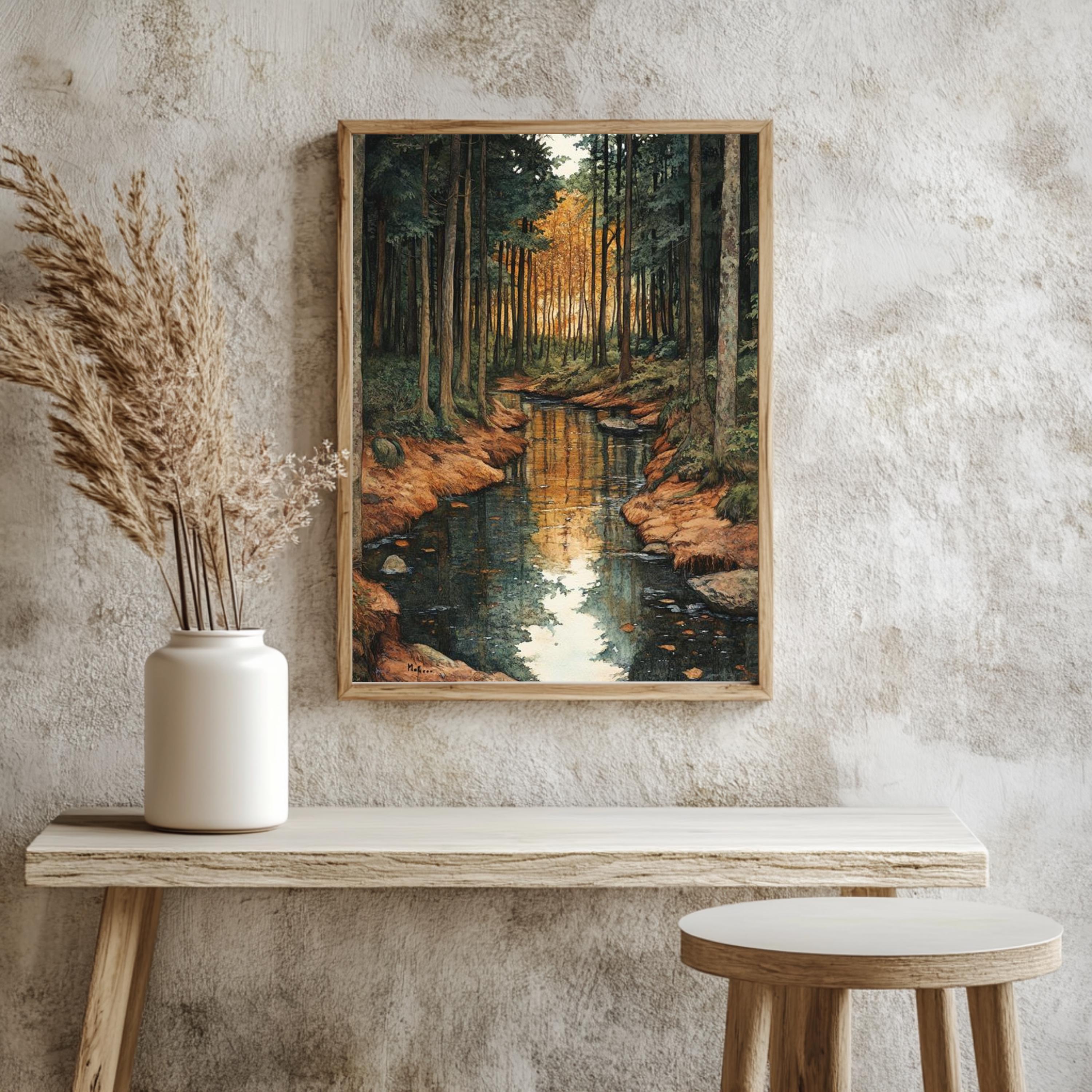 Golden Forest Creek Framed Canvas, Tranquil Nature Stream Wall Art ...