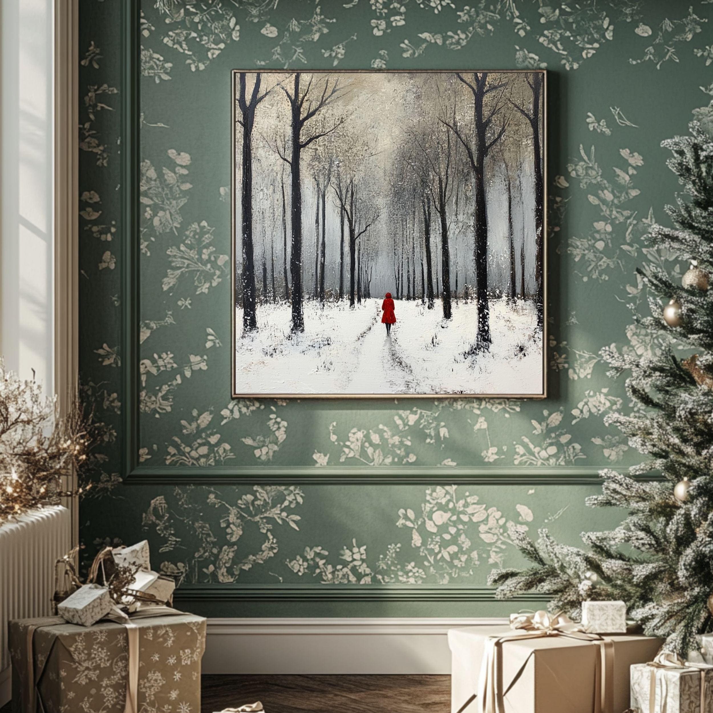 Winter Forest Scene Wall Art, Cozy Snowy Trees Black Framed Canvas Art ...