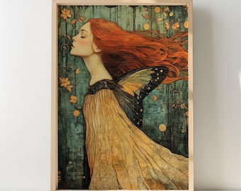 Enchanted Fairy Woman Framed Canvas, Whimsical Butterfly Wings Art, Mystical Fantasy Wall Decor, Ethereal Nature Print, Boho Woodland Accent