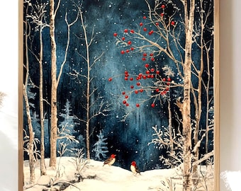 Winter Forest Birds Wooden Canvas Art, Red Berries Snow Scene Wall Print, Peaceful Christmas Woodland Decor