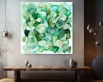 Seaglass Coastal Home Decor, Tropical Wall Art, Beach Decor, Green Wall Art, Ready To Hang Decor, Ocean Watercolor Canvas, Summer Stone Art