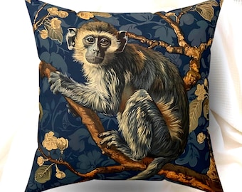 Almofada inspirada no macaco de William Morris, decoração para sala de estar, capa de almofada com estampa de macaco, almofada para sala de estar, capa de almofada inspirada em William Morris