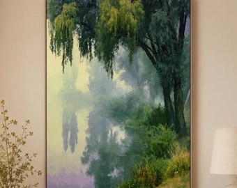 Green Pond Landscape Print, Misty Willow Tree Wall Art, Serene Nature Decor, Botanical Living Room Artwork, Peaceful Cottage Home Accent
