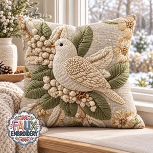 May include: A square throw pillow featuring a textured cream-colored bird surrounded by embroidered sage green leaves and clusters of small white berries. The fabric has a light beige base with floral accents and the text FAUX EMBROIDERY.