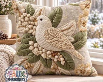 Neutral Christmas Dove Pillow, Cream And Olive Green Botanical Cushion, Faux Embroidery Print, Vintage Cottage Farmhouse Decor