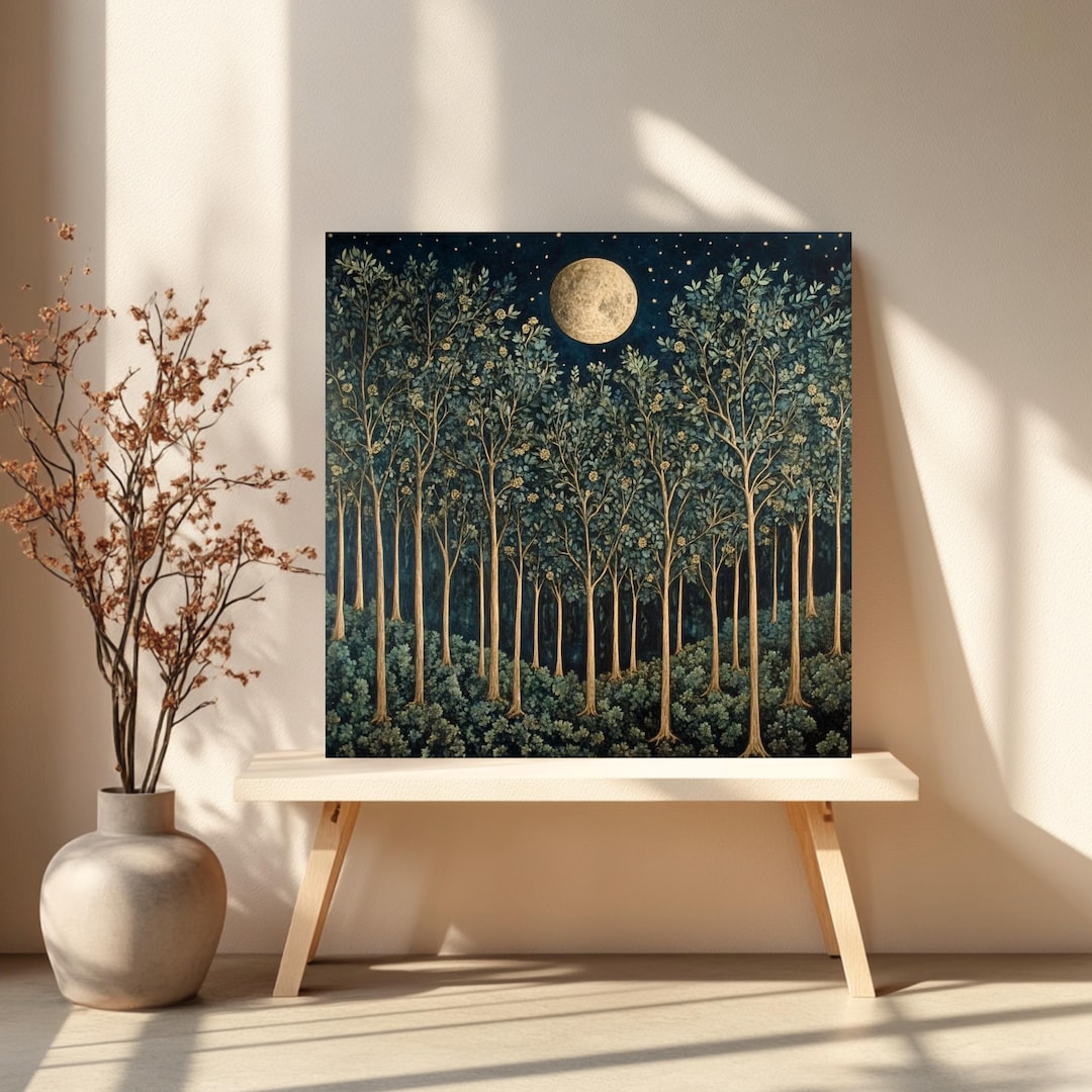 Moonlit Forest Canvas Wall Art | Dark Botanical Night Sky Painting ...