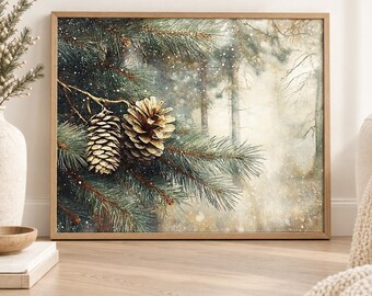 Pine Cone Wall Art, Snowy Evergreen Canvas Print, Vintage Winter Botanical Artwork, Rustic Cabin Christmas Decor, Nature Lover Gift