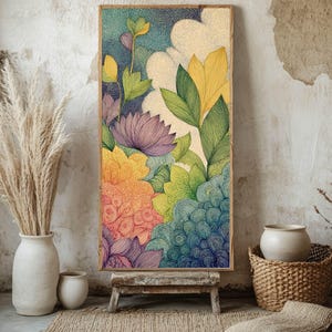 Puede incluir: Una impresión de arte mural rectangular que presenta una ilustración densa e intrincada de flores y follaje estilizados. La composición utiliza una paleta vibrante de amarillo, naranja, morado, verde y azul, con líneas finas y texturas punteadas.