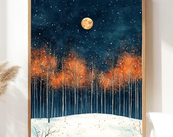 May include: A framed wall art print depicting a night scene with a full moon in a dark blue starry sky above a forest of trees with orange foliage. The ground is covered in white snow with scattered orange leaves, all set in a light wood frame.