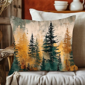 Cojín decorativo rústico con diseño de bosque, funda de cojín con estampado de árboles del bosque, decoración para cabañas, cojín decorativo inspirado en la naturaleza, diseño de hoja perenne otoñal.