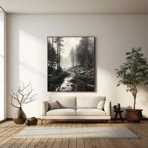 Black and White Misty Forest Canvas Wall Art, Black Framed Wall Art, Foggy Forest Wall Art, Foggy Forest Art, Moody Black and White Painting image 4