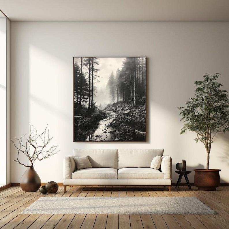 Black and White Misty Forest Canvas Wall Art, Black Framed Wall Art, Foggy Forest Wall Art, Foggy Forest Art, Moody Black and White Painting image 4