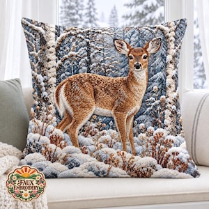 May include: A square throw pillow featuring a detailed woven image of a brown deer standing in a snowy forest. The scene includes snow-covered trees and bushes with white and blue tones. A small circular logo in the corner reads Faux Embroidery.