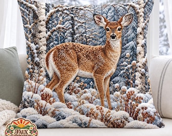Woodland Deer Pillow, Snowy Forest Throw Pillow, Winter Animal Decor, Faux Embroidery Accent Pillow, Rustic Cottage Animal Home Decor