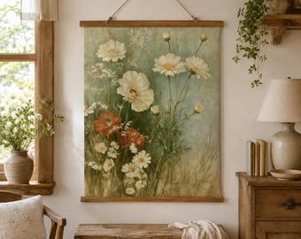 Wildflower Wall Tapestry, Vertical Fabric Wall Hanging for Living Room, Bedroom Wall Decor, Floral Textile Art, Cottage Home Gift