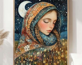 Moonlit Girl Wooden Canvas Art, Dreamy Night Sky Portrait Decor,Whimsical Starry Artwork for Boho Bedrooms and Magical Storybook Home Spaces