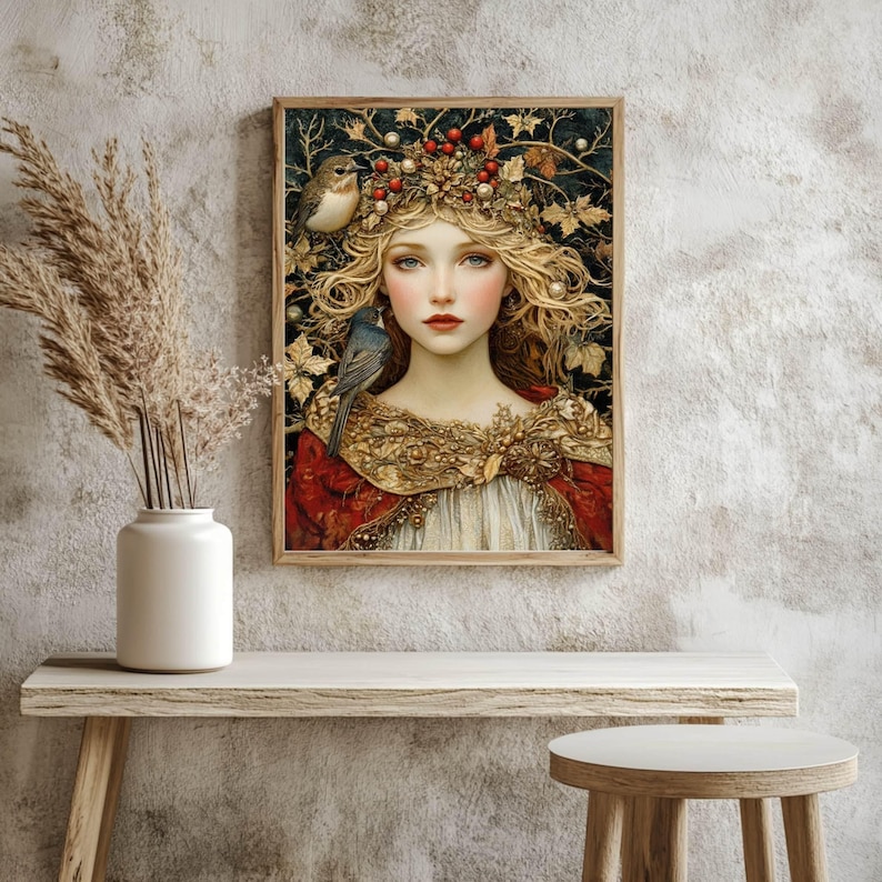 Winter Solstice Goddess Wooden Canvas Art, Enchanted Woman Wall Print, Holiday Nature-Inspired Decor, Mystical Framed Canvas image 6