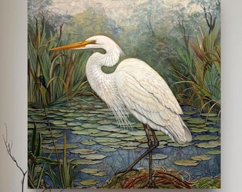 Marsh zilverreiger kunst aan de muur, William Morris geïnspireerd ingelijst canvas, decor botanische vogel, vintage natuurkunst, kustvogel ingelijste kunst, poster zilverreiger
