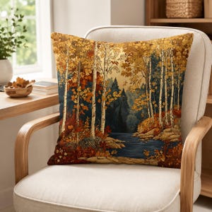 Autumn Forest Throw Pillow, Rustic River Patio Cushion, Woodland Pillowcase, Fall Cabin Decor, Nature Lover Gift, Botanical Outdoor Pillow