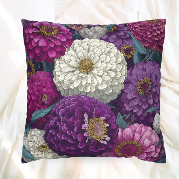 Zinnia Floral Pillow, Purple and White Flower Cushion, Botanical