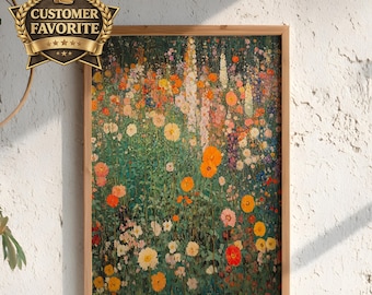 Garden Meadow Wall Art, Vibrant Wildflower Field Print, Rustic Floral Framed Canvas, Cottage Farmhouse Home Decor, Lush Bloom Accent