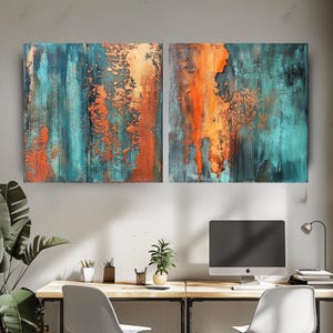 Blaugrüne abstrakte Wandkunst, 2er-Set Leinwanddrucke, modernes industrielles Kunstwerk, zeitgenössisches Wohndekor, am besten für ein modernes Interieur geeignet