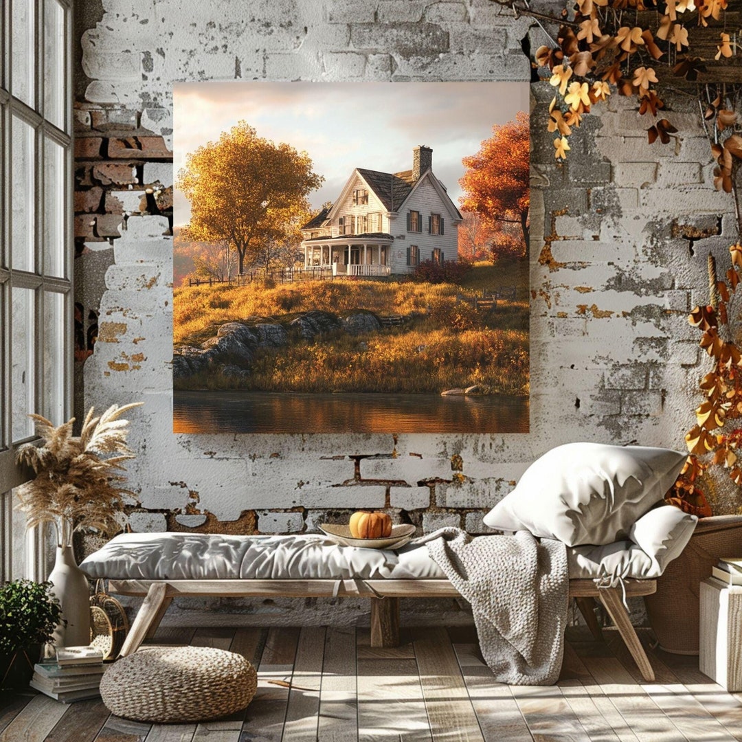 Hillside Farmhouse Decor, Old Farmhouse Art, Nostalgic Fall Art, Autumn ...