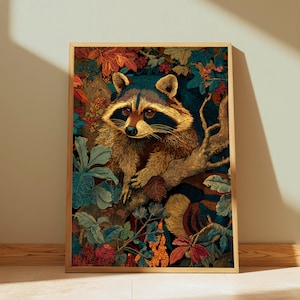 Floral Raccoon Wall Art, William Morris Inspired Canvas, Woodland Animal Nature Decor, Elegant Home Accent, Gift for Wildlife Lovers