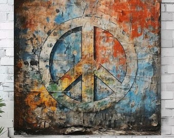 Peace Sign Graffiti Grunge Canvas Wall Art, Hippie Art Peace Sign Painting, Abstract Peace Sign Art, Rustic Peace Sign Art