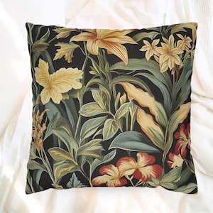 Tropical Floral Throw Pillow, William Morris Botanical Cushion, Dark Floral Pillow, Vintage Inspired Home Decor, Jungle Leaf Accent
