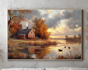 May include: A rectangular landscape painting depicting a brick house with a smoking chimney nestled among autumn trees beside a calm lake. Three ducks swim in the water, while a flock of birds flies through a cloudy, golden sunset sky.