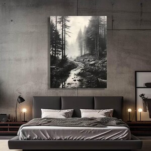 Black and White Misty Forest Canvas Wall Art, Black Framed Wall Art, Foggy Forest Wall Art, Foggy Forest Art, Moody Black and White Painting image 3